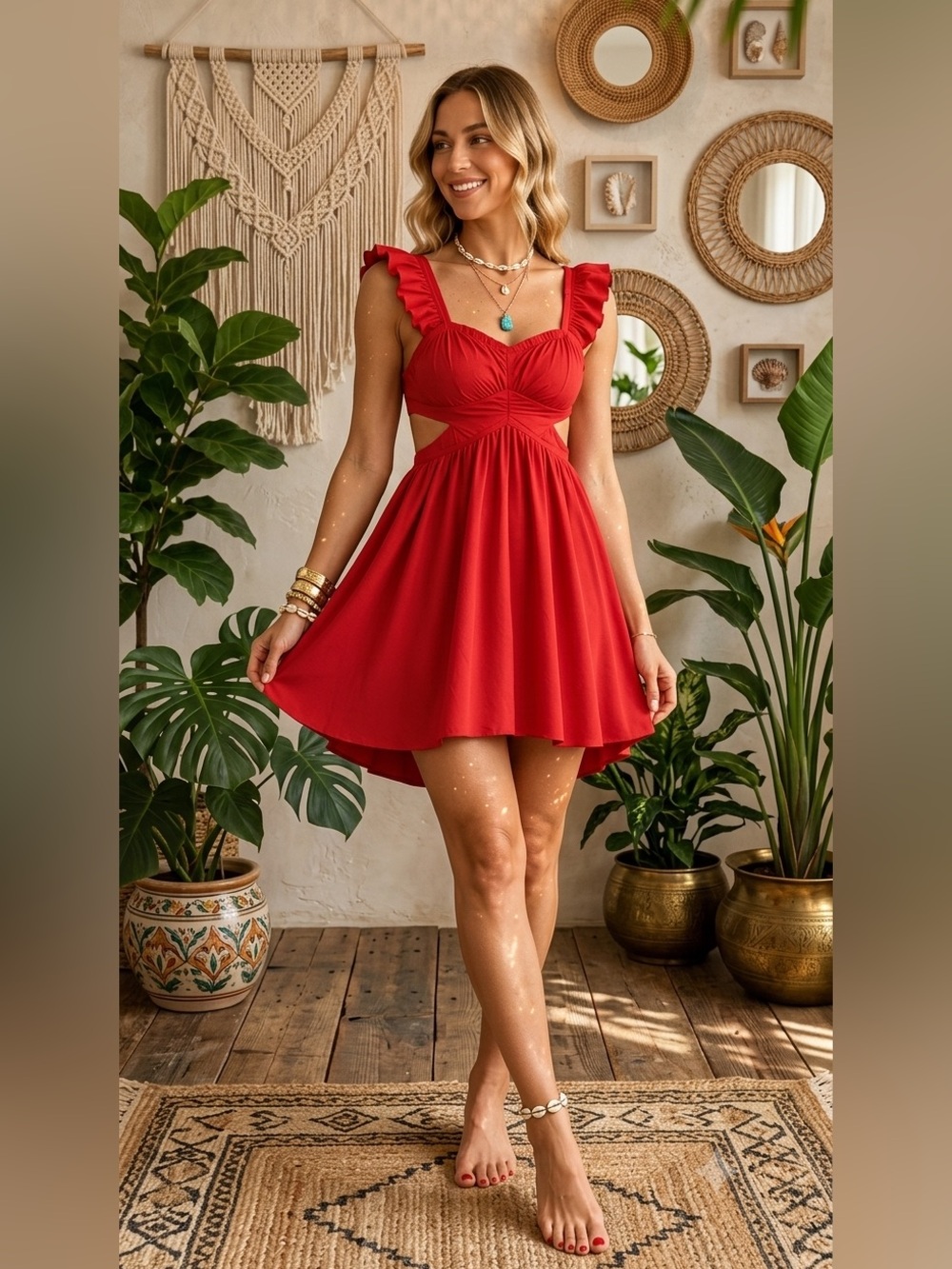 entro Coral Red Dress with Ruffle Detail, Open Back/Sides, and Pockets